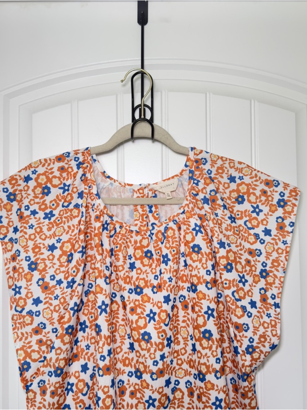 Melloday XL Orange Blue Floral Ditsy Floral Flutter Sleeves 70s Inspired Blouse - Picture 3 of 7